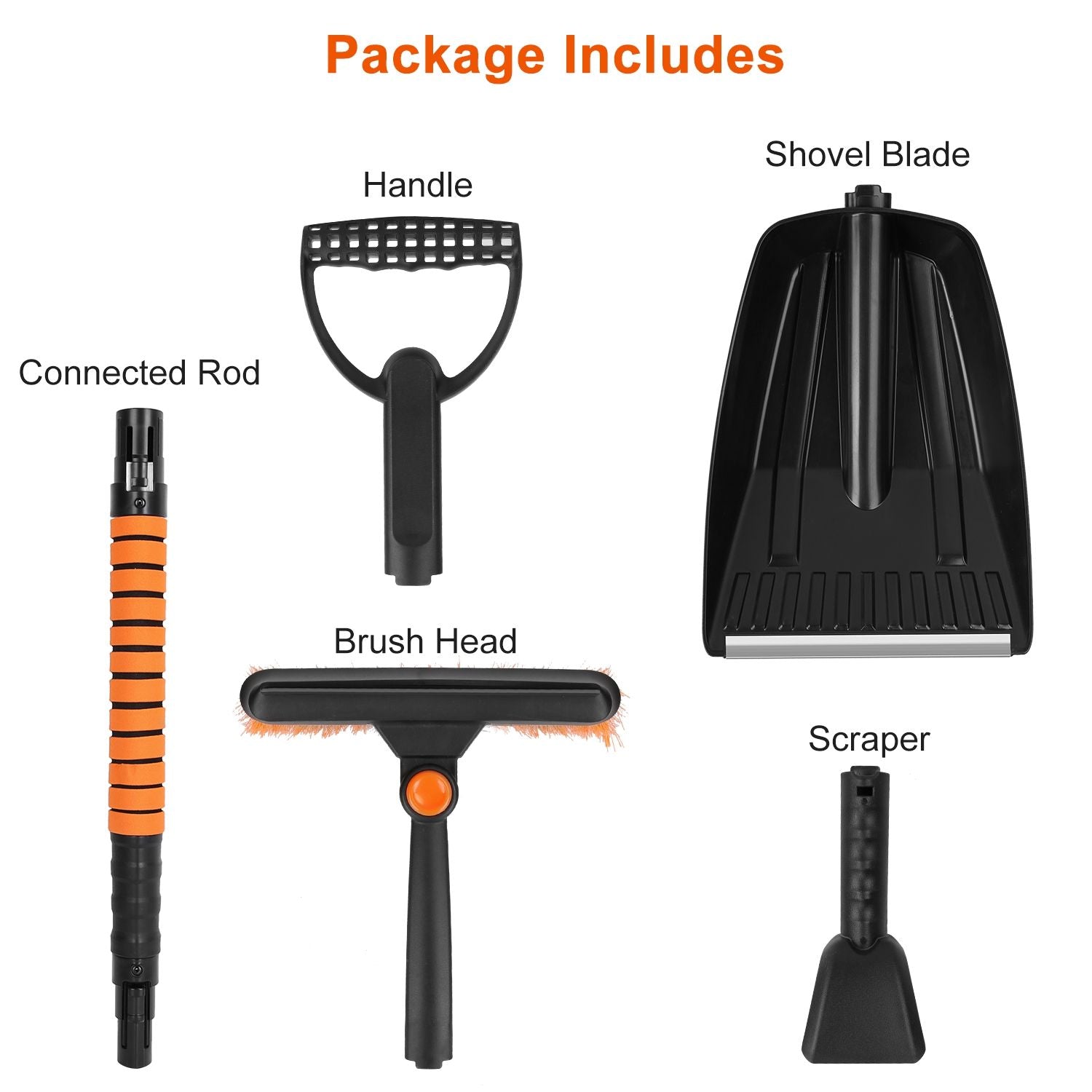 5-in-1 snow removal tool set including connected rod, handle, brush head, shovel blade, and scraper for efficient winter clearing.