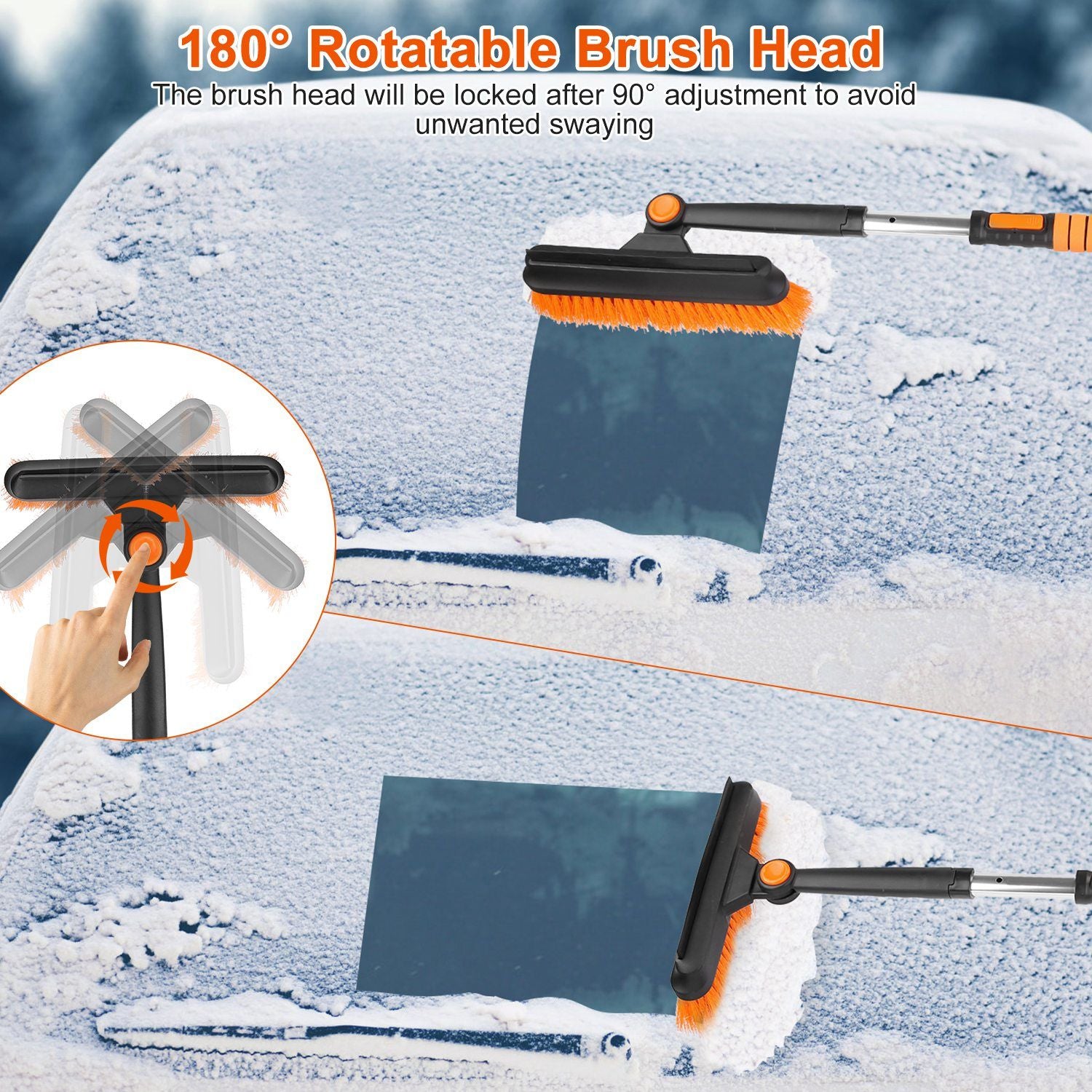 180-degree rotatable car snow brush and ice scraper with adjustable brush head for efficient winter windshield cleaning, featuring a soft bristle brush and sturdy handle.