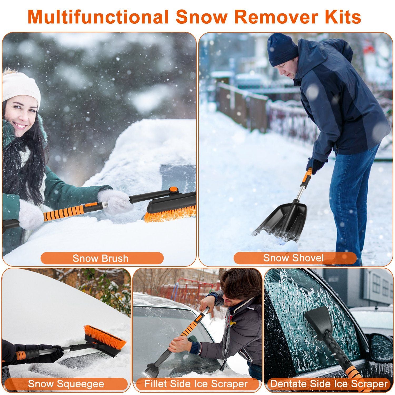 Multifunctional snow remover kits featuring a snow brush, snow shovel, snow squeegee, fillet side ice scraper, and dentate side ice scraper, designed for effective winter weather cleanup.