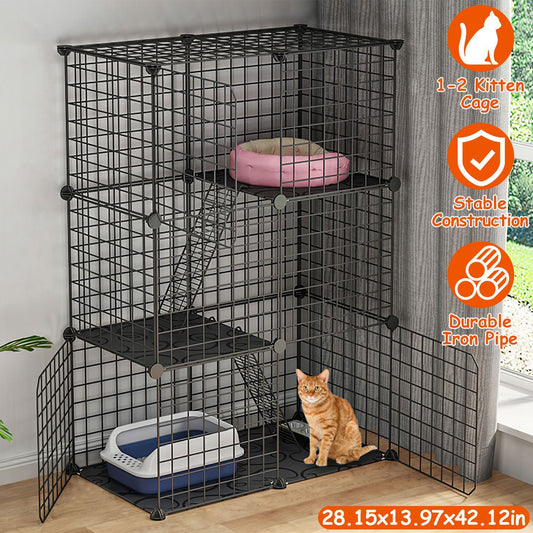 Black metal kitten cage with two levels, featuring a pink pet bed on top and a litter box below, suitable for 1-2 kittens, showcasing stable construction and durable iron pipe design.