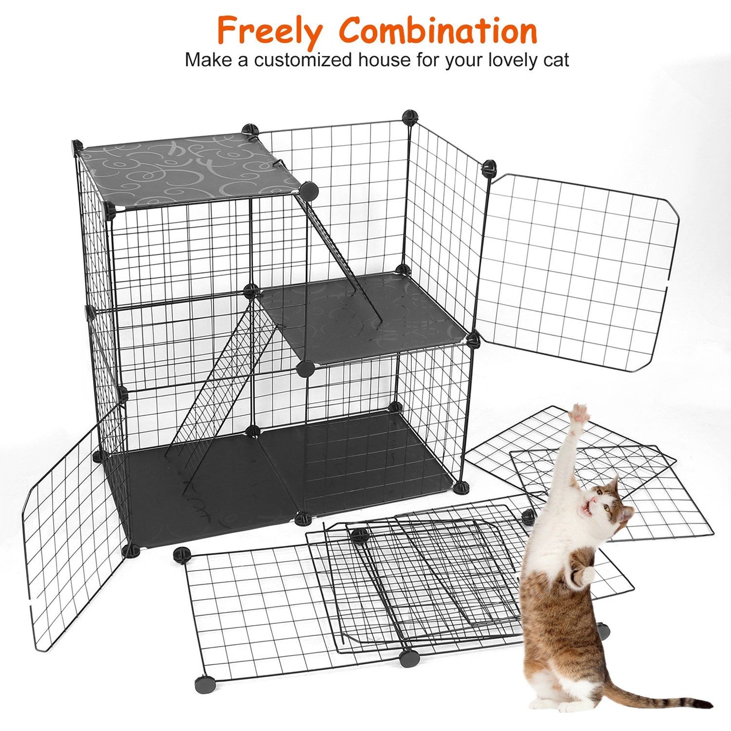 Modular cat condo with multiple levels and open panels, featuring a playful cat reaching up, promoting a customizable space for pets.