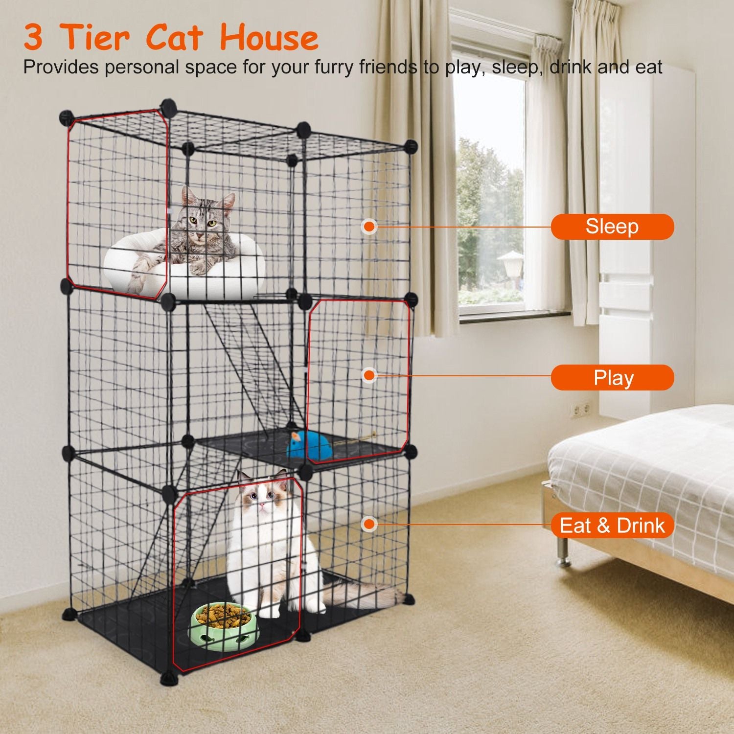 Three-tier cat house with playful cats, featuring cozy sleeping space, interactive play area, and designated eating/drinking section, set in a bright room.