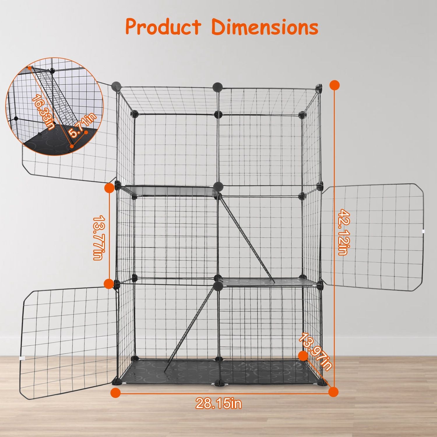 Black wire storage cube with product dimensions marked: 42.12 inches height, 28.15 inches width, and 13.77 inches depth, featuring an open side panel for accessibility.