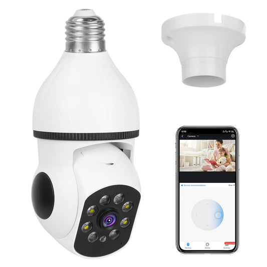 Smart bulb security camera with remote viewing on smartphone and adjustable mounting bracket, showcasing 1080p HD video quality and night vision features.
