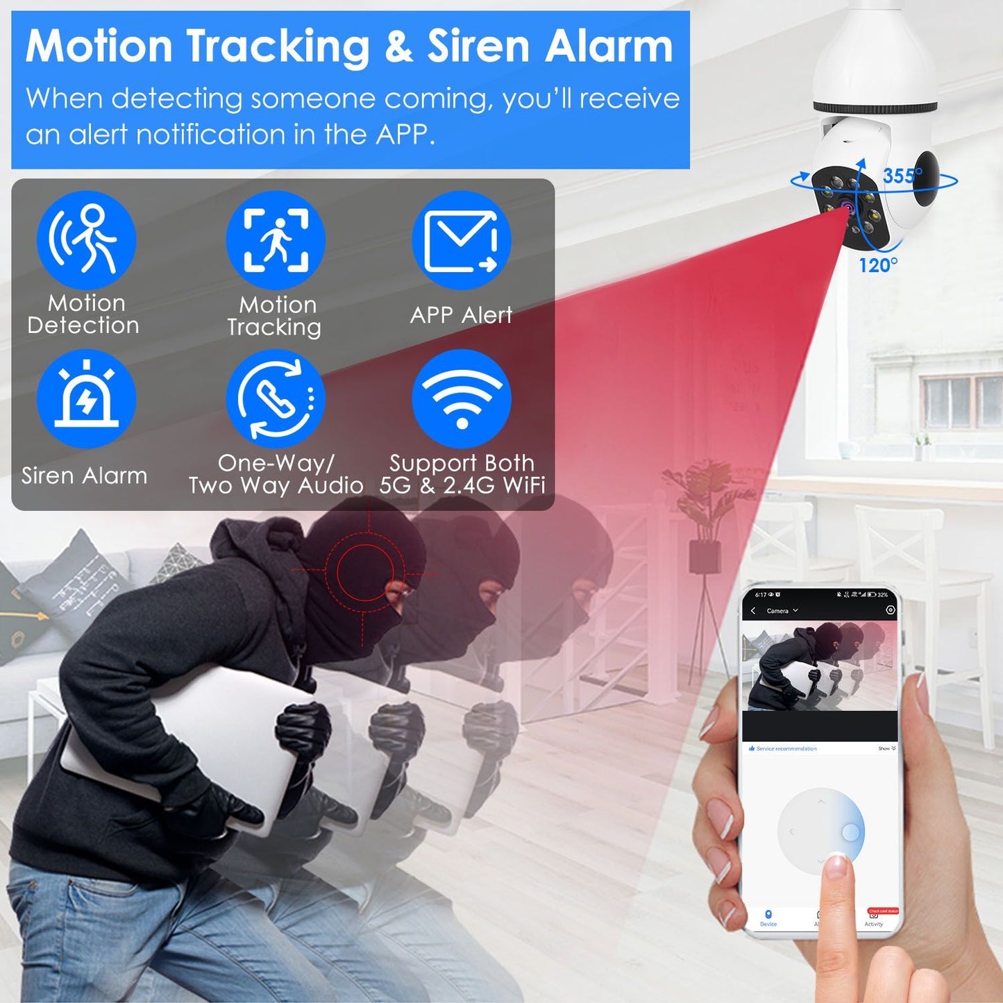 Security camera image showing motion tracking and siren alarm features, with an app alert notification displayed on a smartphone, highlighting a burglar attempting to steal a laptop.
