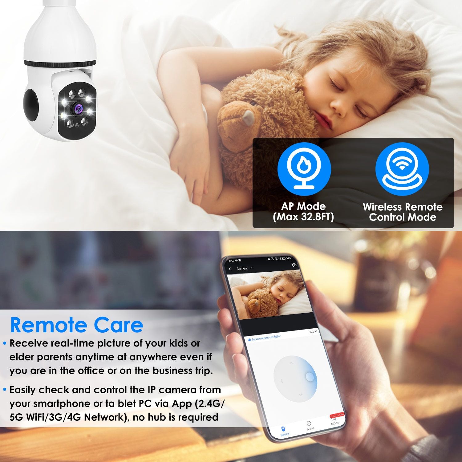 IP camera for remote monitoring of children and elderly, featuring wireless control via smartphone app, showcasing real-time images and various operational modes.