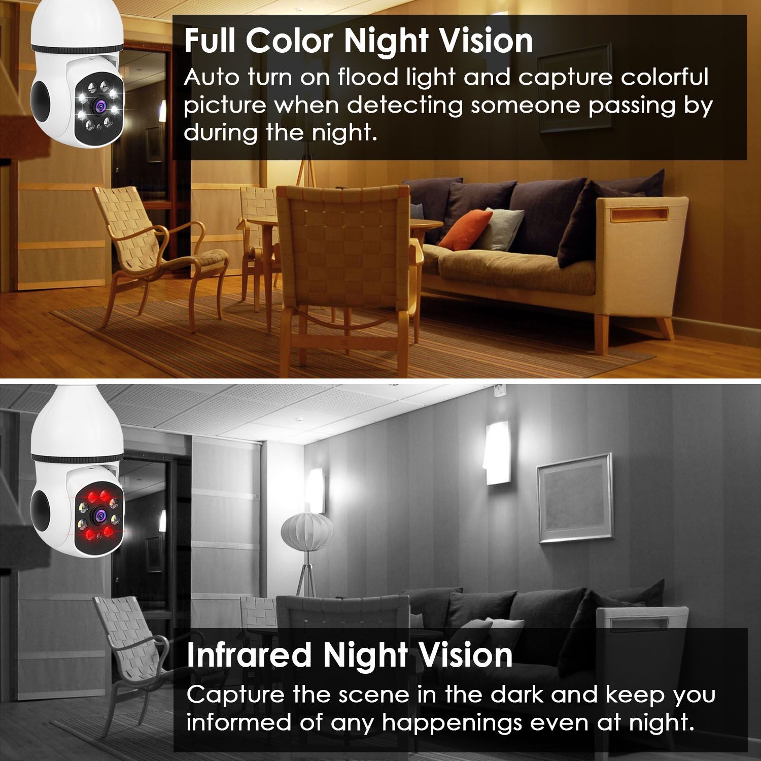 Product image showcasing two types of night vision security cameras: Full Color Night Vision with a floodlight for clear nighttime images, and Infrared Night Vision for capturing dark environments, displayed in a cozy living room setting with furniture.