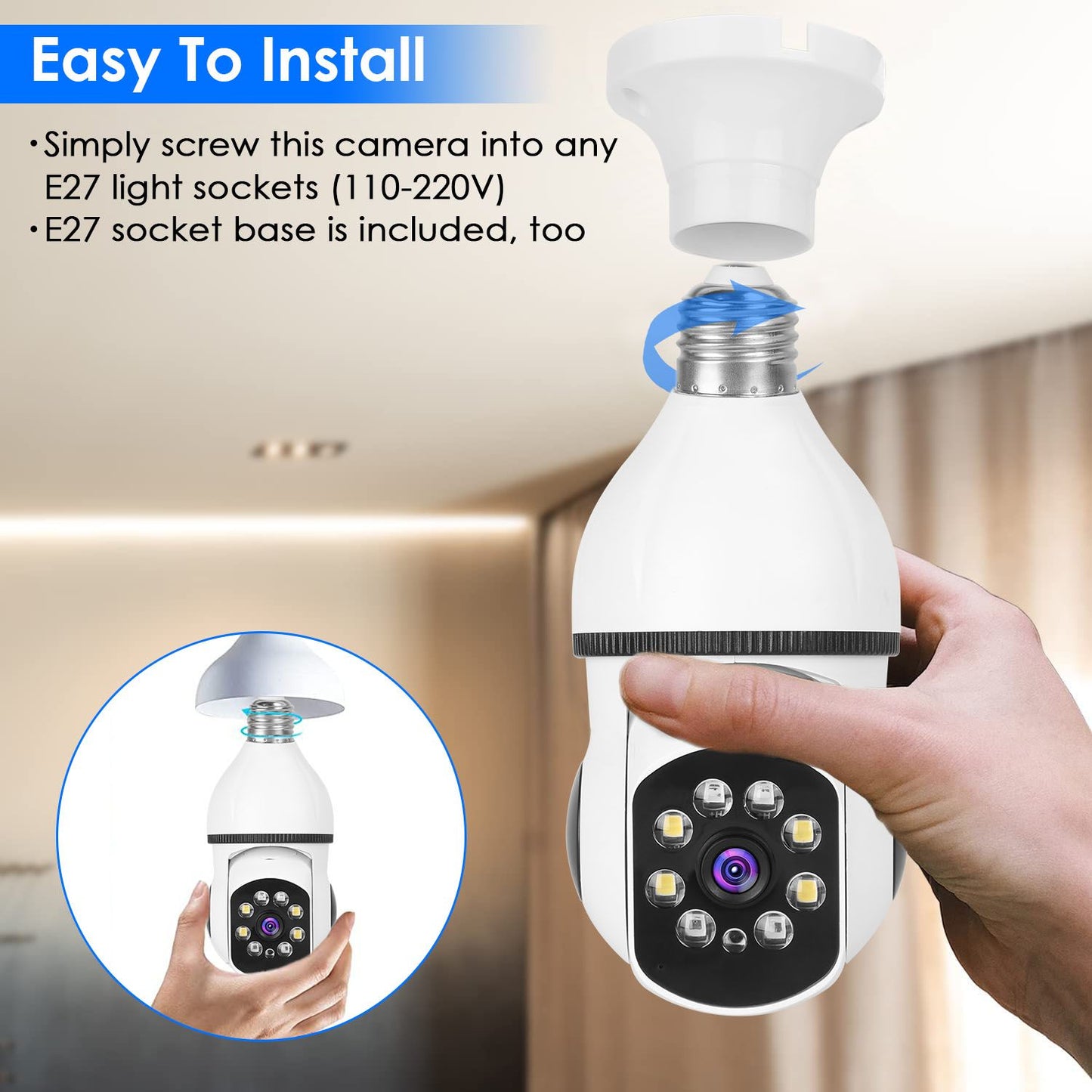 Easy-install E27 light socket camera with a sleek design, showcasing an individual holding the device, suitable for home security and surveillance.