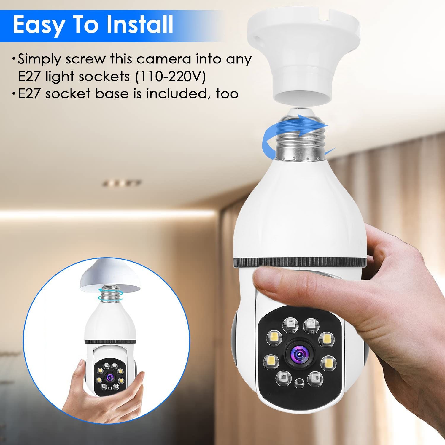 Easy-install E27 light socket camera with a sleek design, showcasing an individual holding the device, suitable for home security and surveillance.