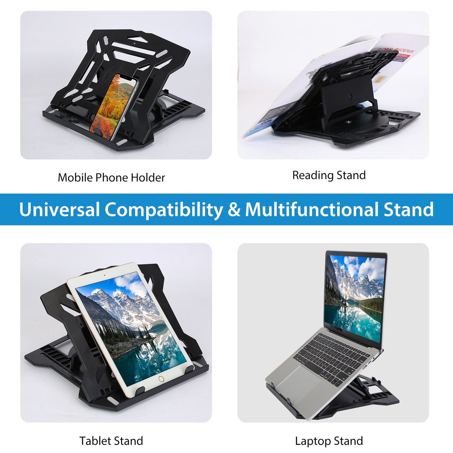 Multifunctional adjustable stand supporting mobile phones, tablets, and laptops, showcasing its versatility for various devices.