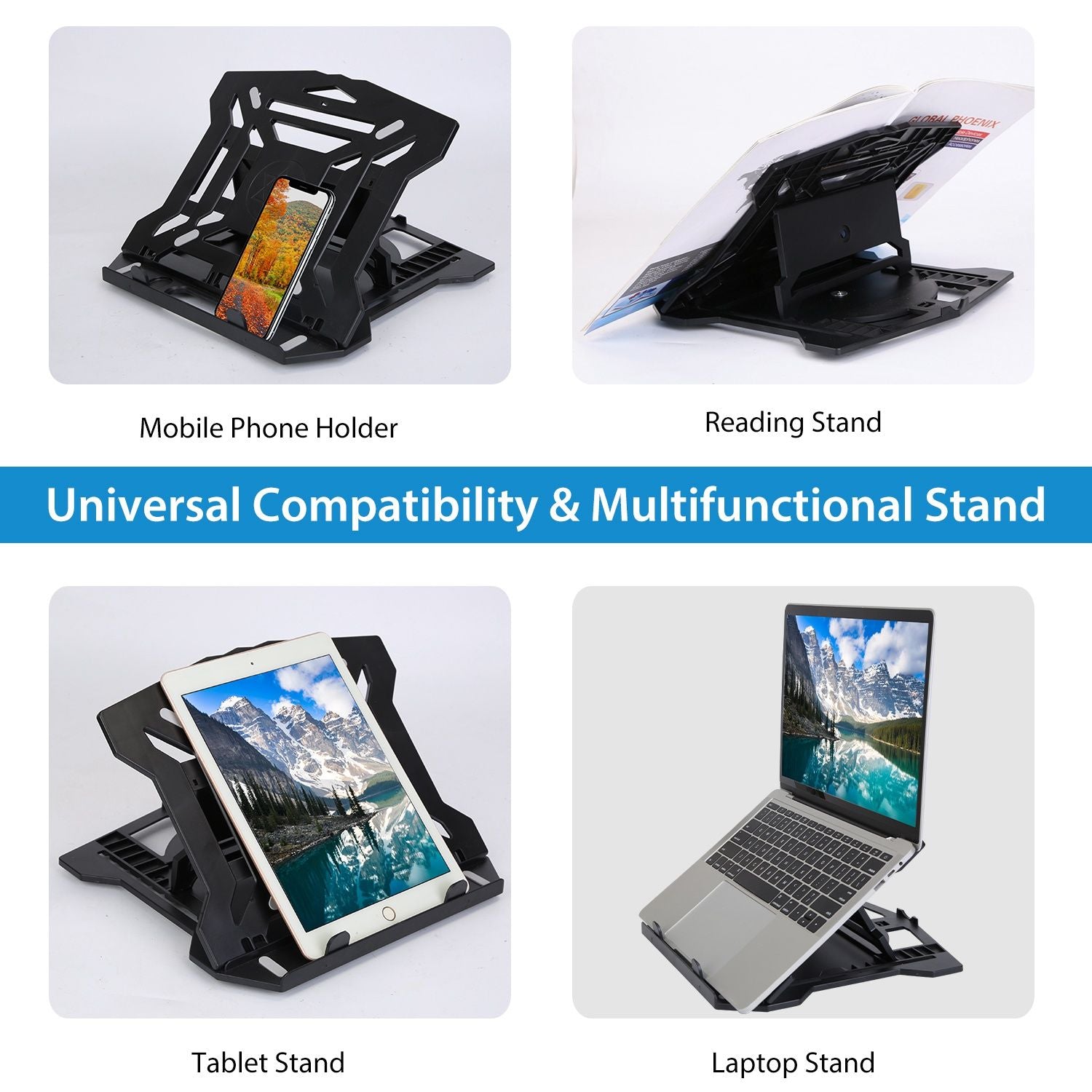 Multifunctional adjustable stand supporting mobile phones, tablets, and laptops, showcasing its versatility for various devices.