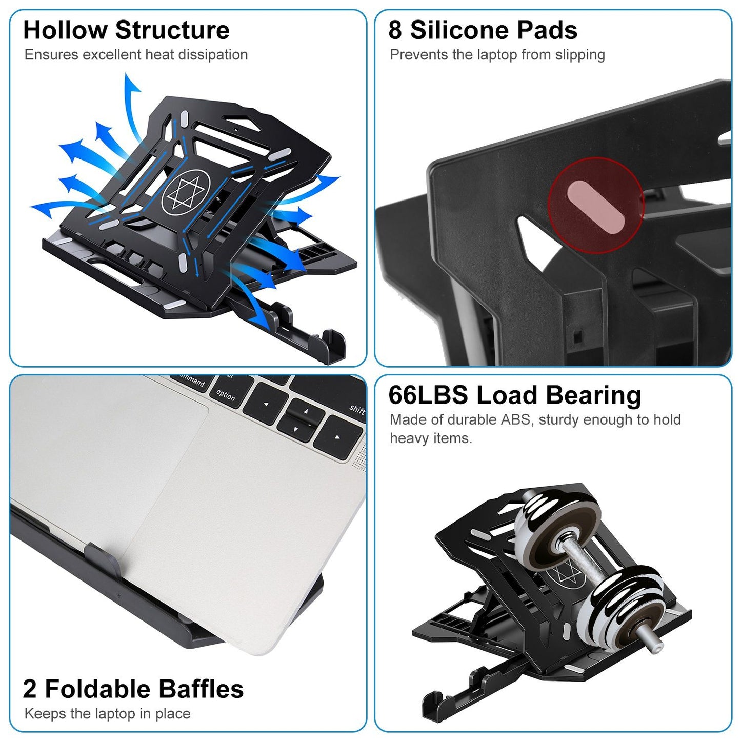 Adjustable laptop stand with ergonomic design, featuring hollow structure for heat dissipation, 8 silicone pads for stability, 66lbs load bearing capacity, and 2 foldable baffles to secure the laptop in place.