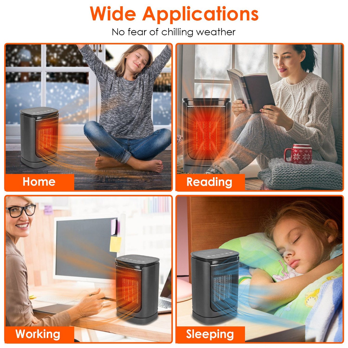 Compact space heater used in various settings including home, reading nook, office, and bedroom, providing warmth and comfort in cold weather.