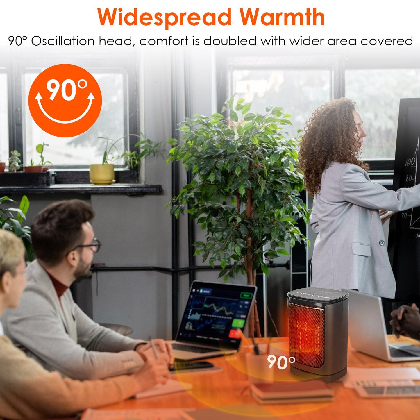 Compact space heater with 90° oscillation, providing widespread warmth in a modern office setting with plants and laptops.