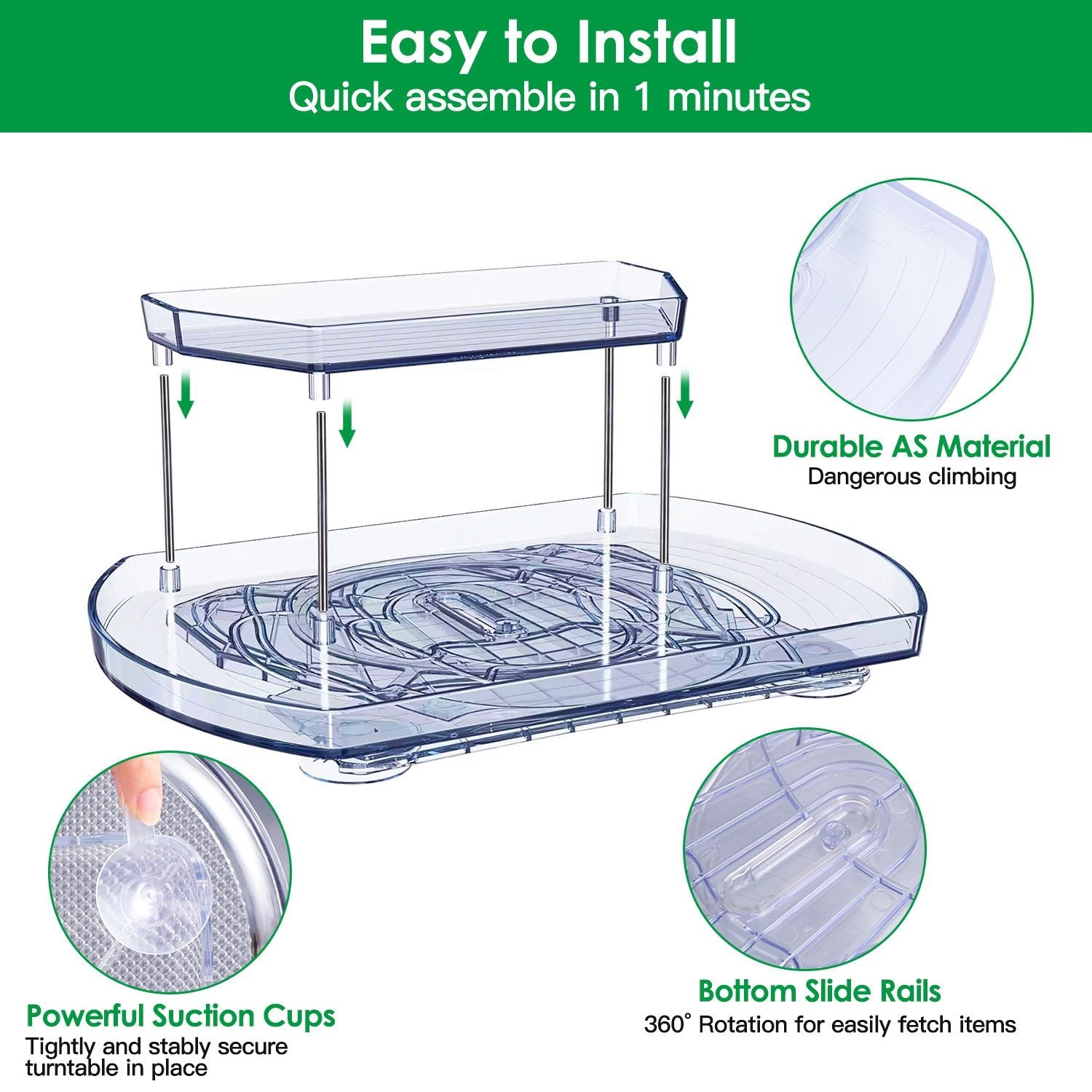 Clear two-tier storage organizer with stainless steel poles, powerful suction cups, and bottom slide rails for easy access, ideal for maximizing space.
