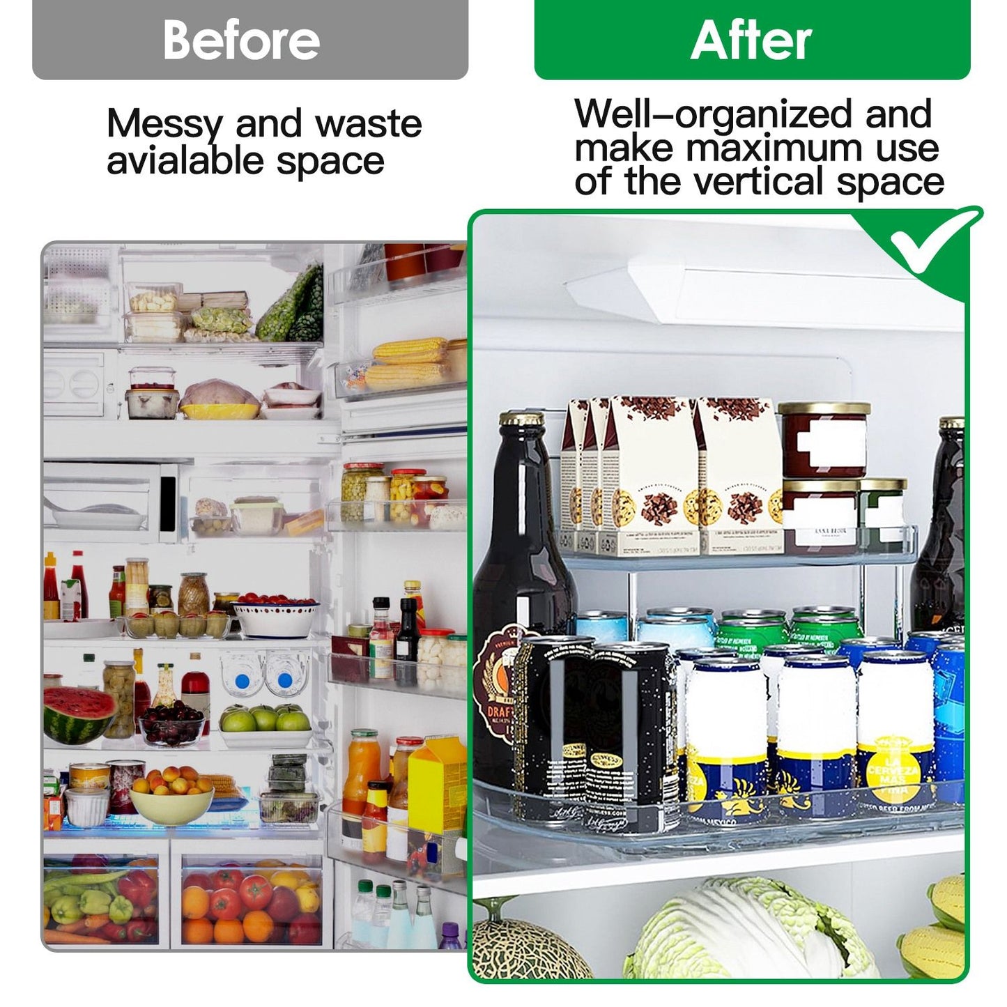 Before and after image showing the transformation of a refrigerator's organization; the left side displays a cluttered fridge with wasted space, while the right side illustrates a neatly arranged fridge that maximizes vertical space for efficient storage.