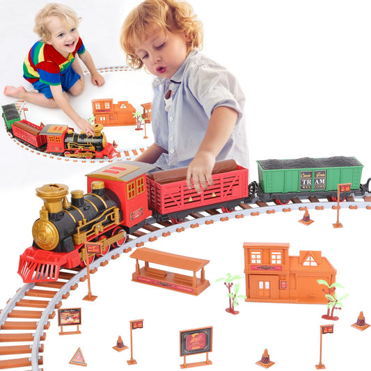 Colorful toy train set with a steam engine, track, and various accessories, including buildings and signs, while children play creatively on the floor.