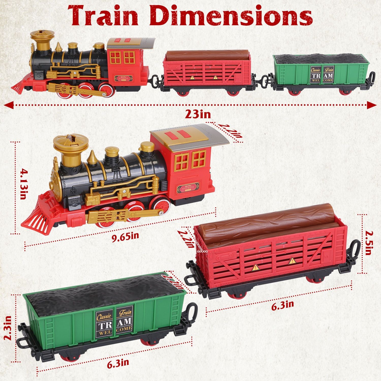 Dimensions of a colorful toy train set, featuring a locomotive and three cars, labeled with measurements in inches for easy reference.
