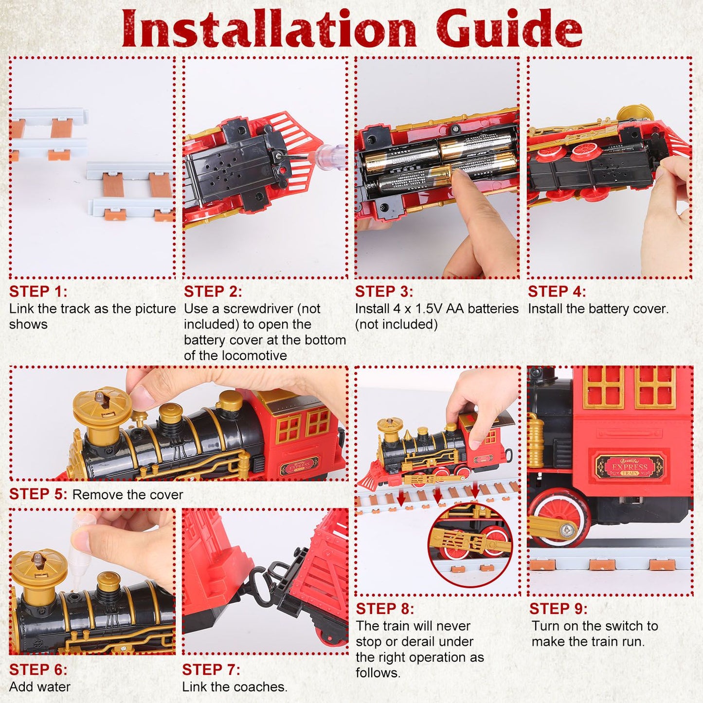 Installation guide for a toy train set, featuring step-by-step visuals for linking tracks, installing batteries, and setting up the train for operation.