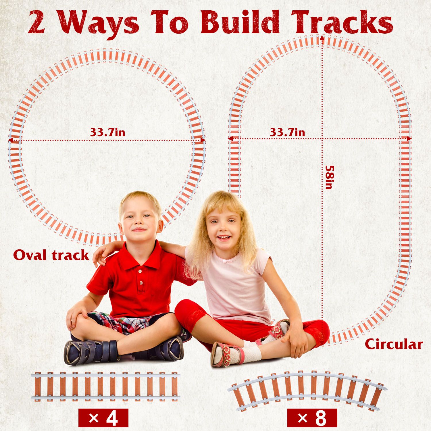 Children building toy train tracks with options for an oval and circular layout, featuring track lengths of 33.7 inches each for the oval and 58 inches for the circular design, promoting creative play and spatial learning.