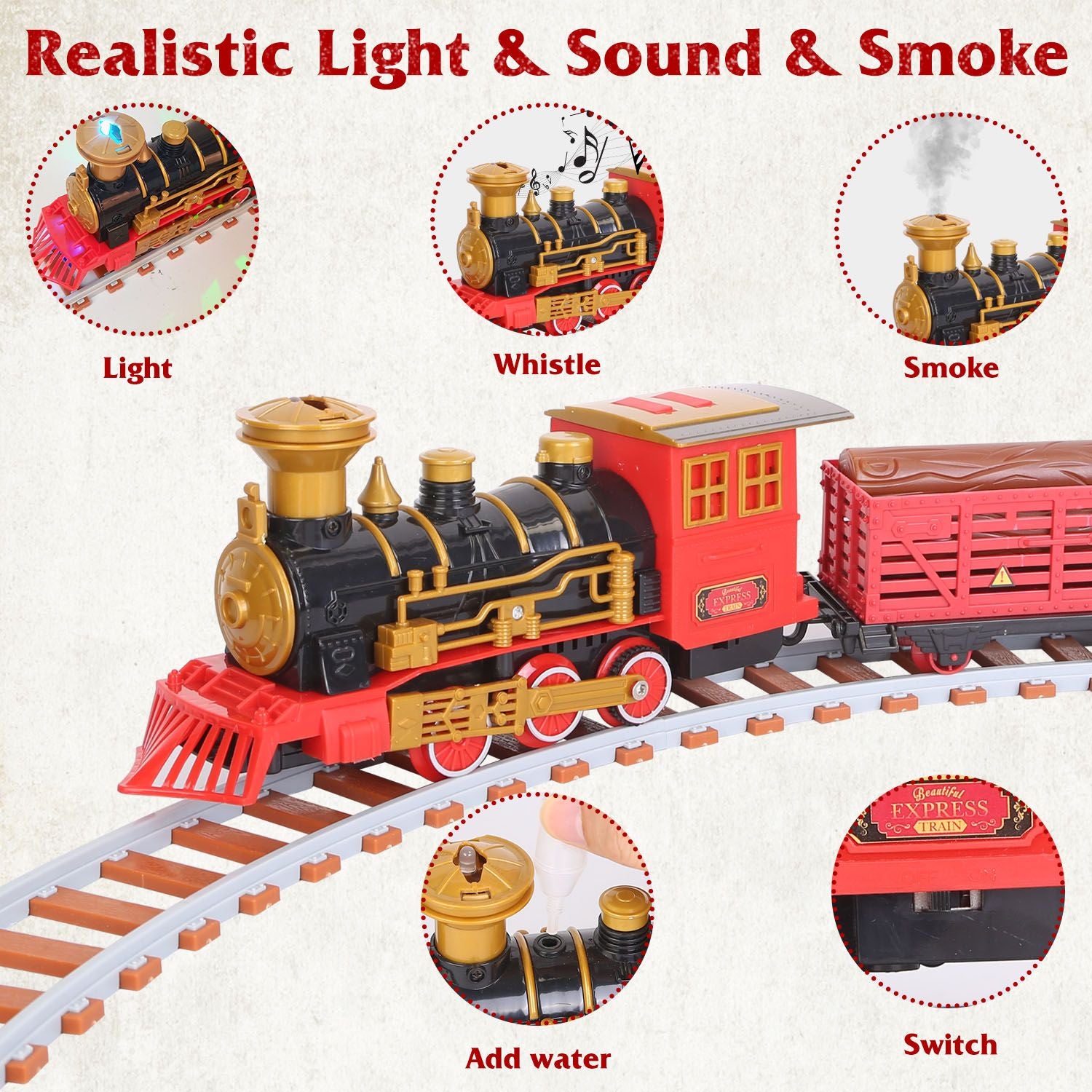 Colorful toy steam engine with realistic light, sound, and smoke features, showing elements like the whistle, water reservoir, and switch, set on a curved track.