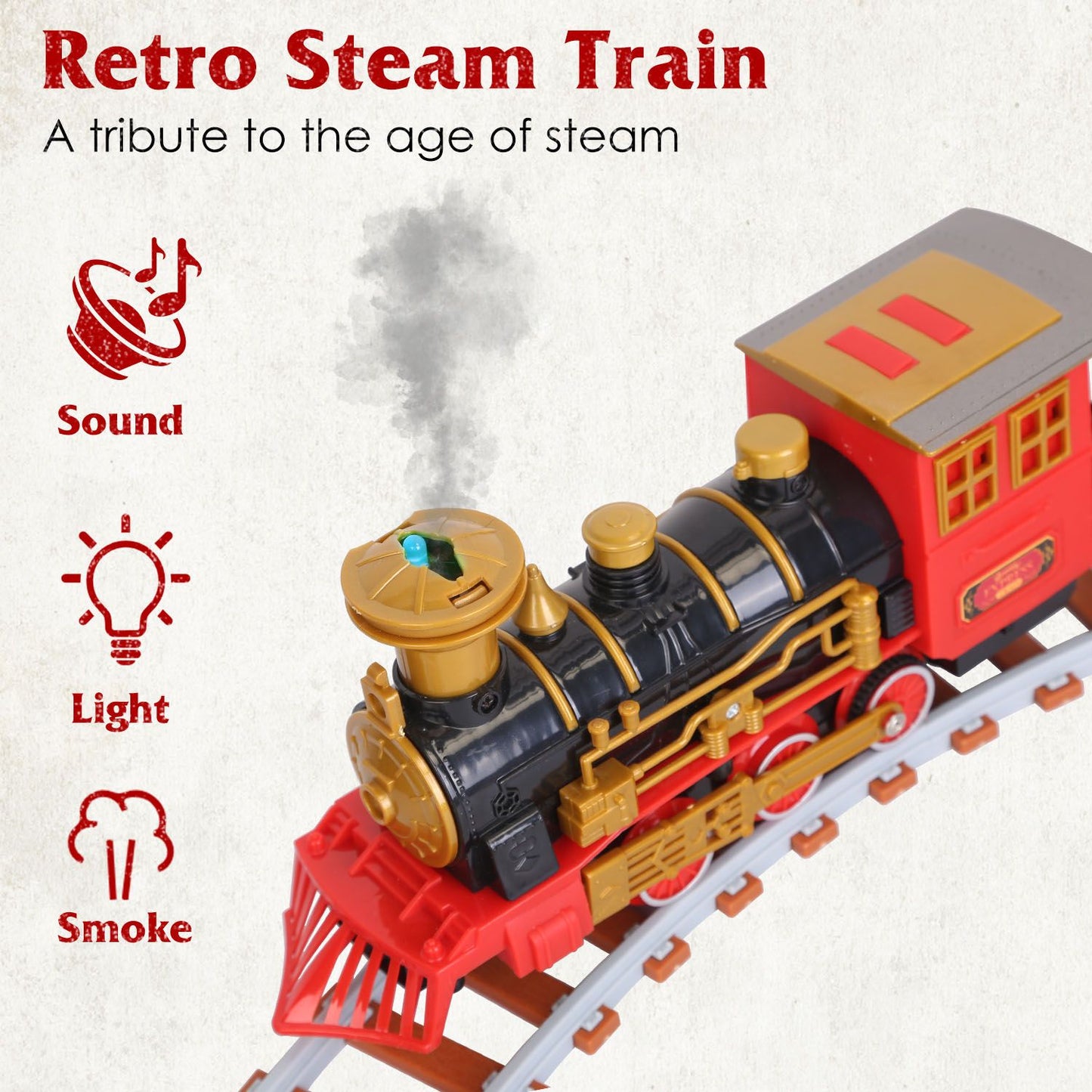 Retro steam train toy model featuring sound, light, and smoke effects, designed to evoke nostalgia for the age of steam locomotion.