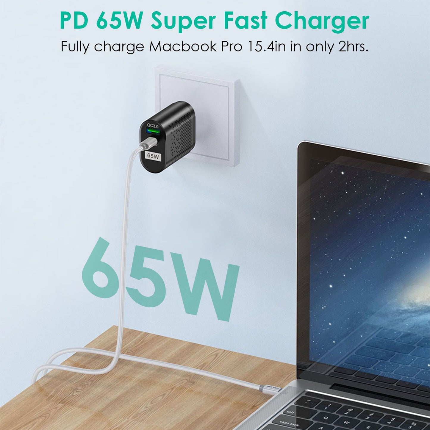 65W PD Super Fast Charger plugged into a wall outlet, charging a MacBook Pro with a visible sleek design and a clear charging indicator.