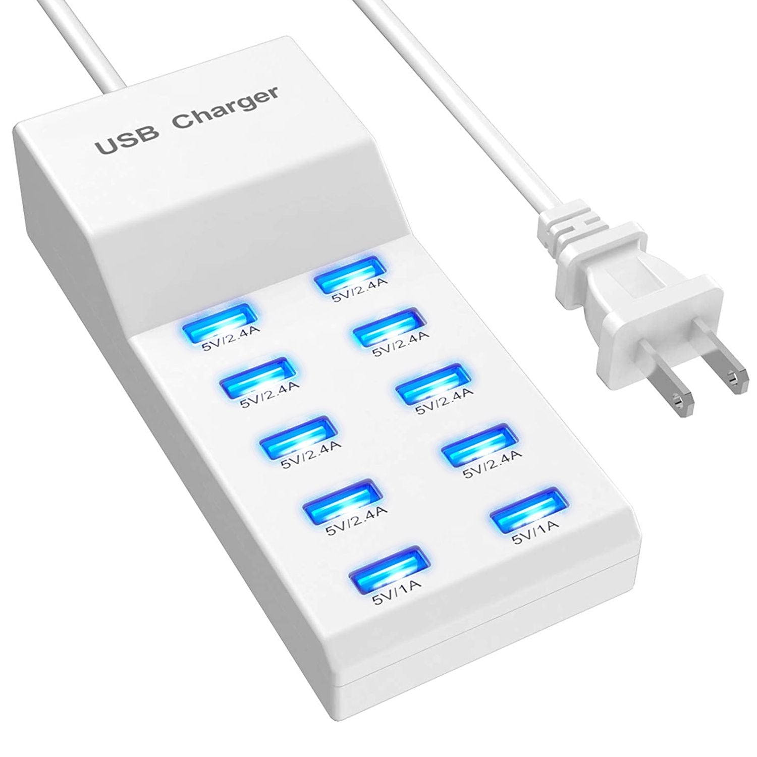 USB charging station with 10 ports, featuring blue LED indicators, providing multiple charging options for smartphones and tablets.