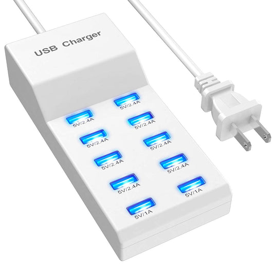 USB charging station with 10 ports, featuring blue LED indicators, providing multiple charging options for smartphones and tablets.