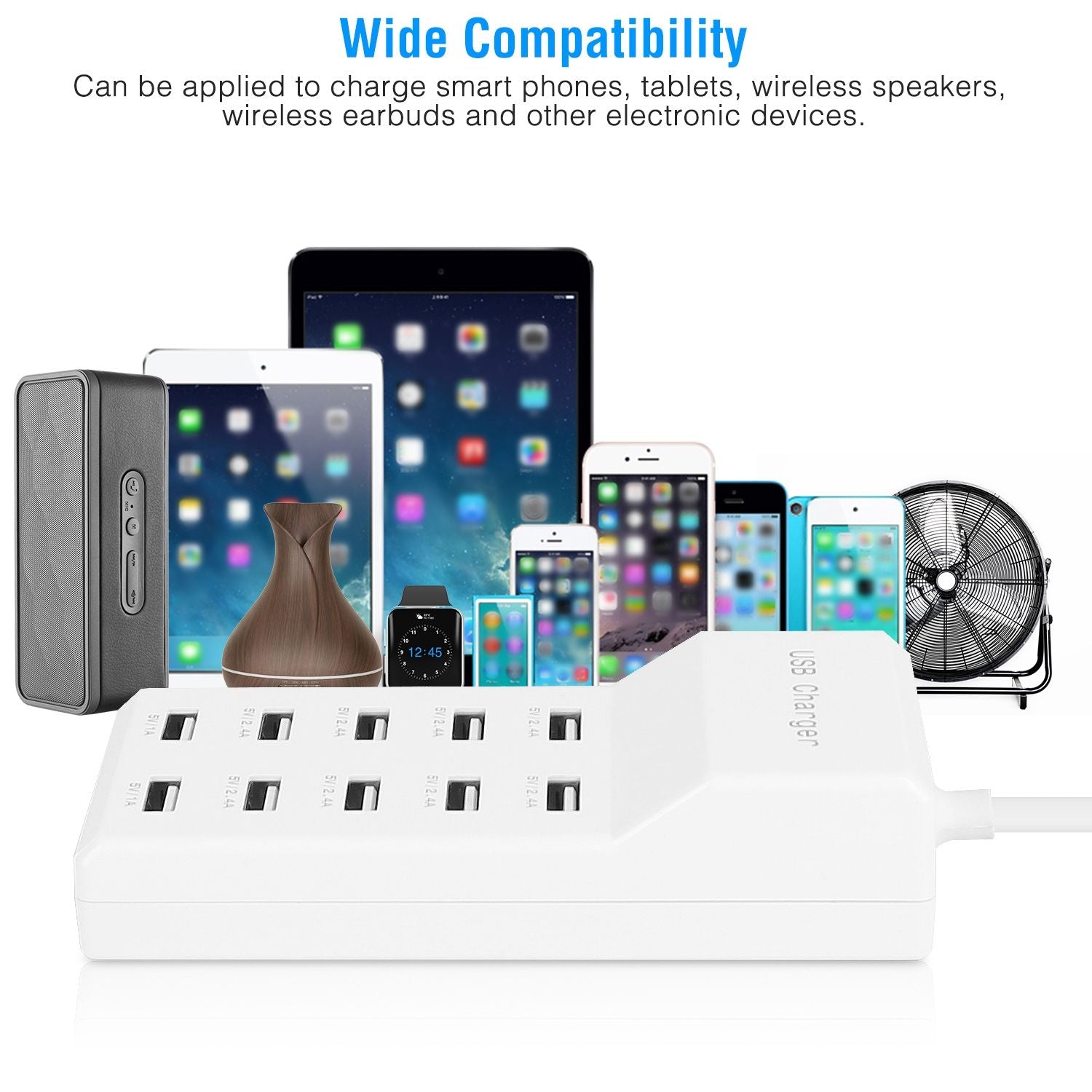 Universal USB charger with multiple ports, surrounded by various devices including smartphones, tablets, wireless speakers, and smartwatches, highlighting its wide compatibility for charging electronic gadgets.