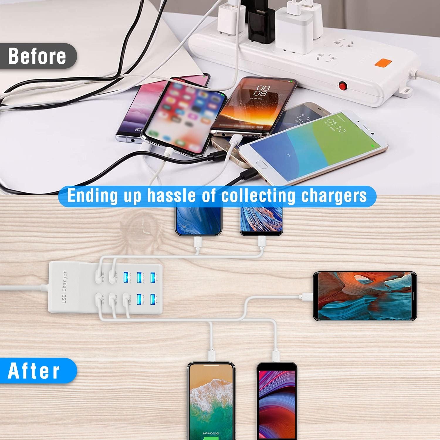 Before and after image showing a messy setup of multiple smartphones tangled with chargers at the top, and a neat, organized USB charging hub with connected devices at the bottom, illustrating how to simplify charging chaos.