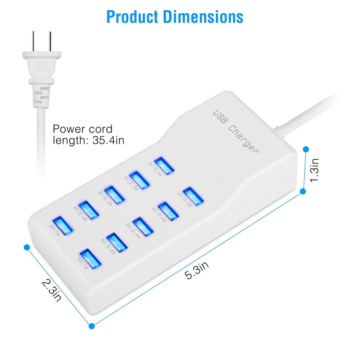 USB charger power hub with 8 charging ports and blue LED indicators, dimensions: 5.3 inches long, 2.3 inches wide, 1.3 inches high, includes a 35.4-inch power cord.