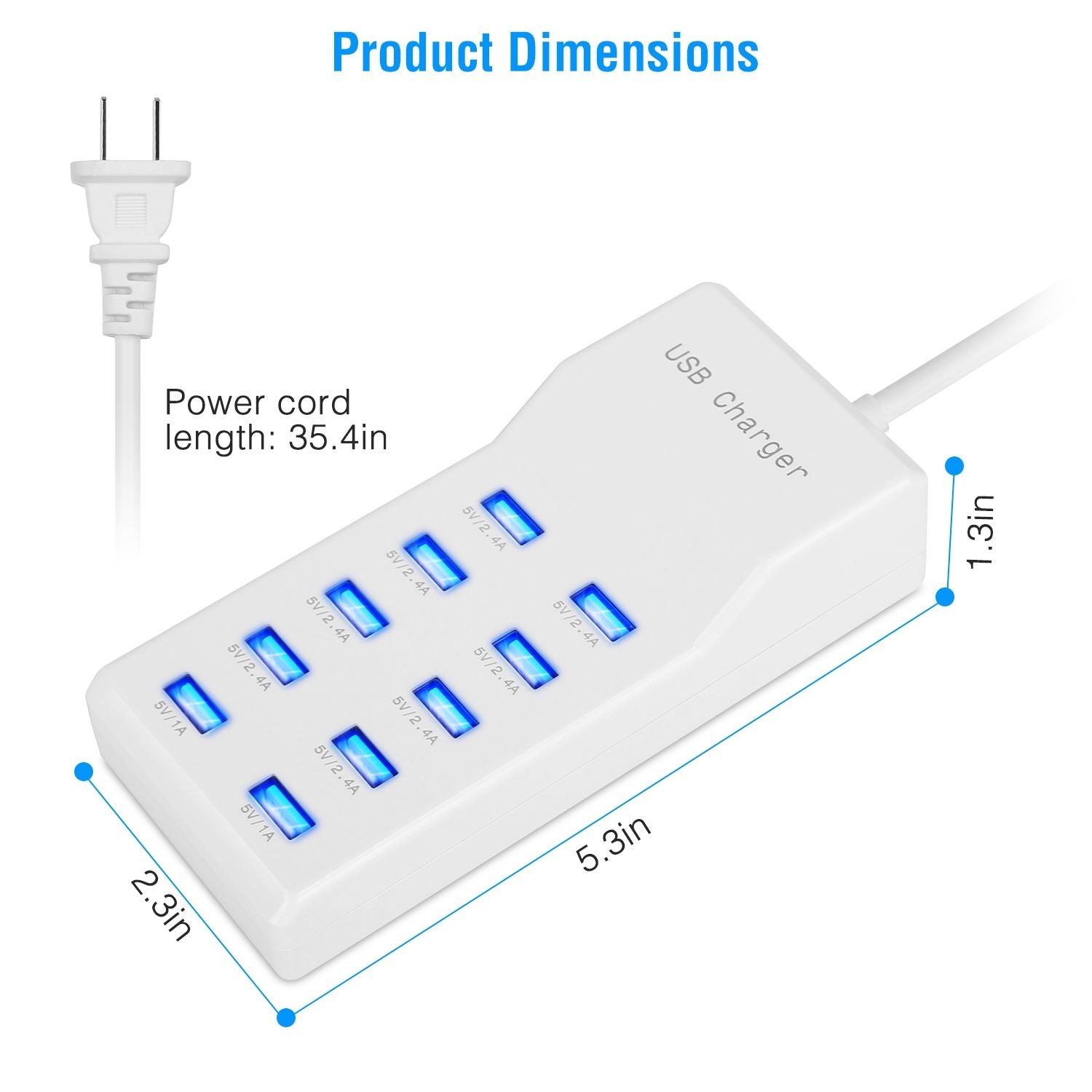 USB charger power hub with 8 charging ports and blue LED indicators, dimensions: 5.3 inches long, 2.3 inches wide, 1.3 inches high, includes a 35.4-inch power cord.