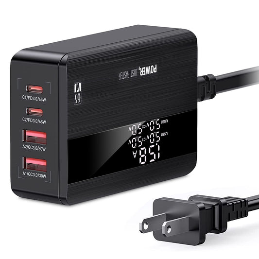 65W USB-C charger with multiple output ports, LED display, and detachable power cord, ideal for fast charging devices.