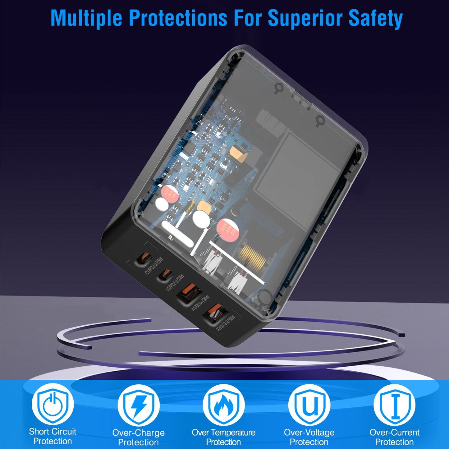 Image of a high-tech device showcasing its internal circuit board and safety features including short circuit, over-charge, over-temperature, over-voltage, and over-current protection icons, emphasizing superior safety for electronic use.