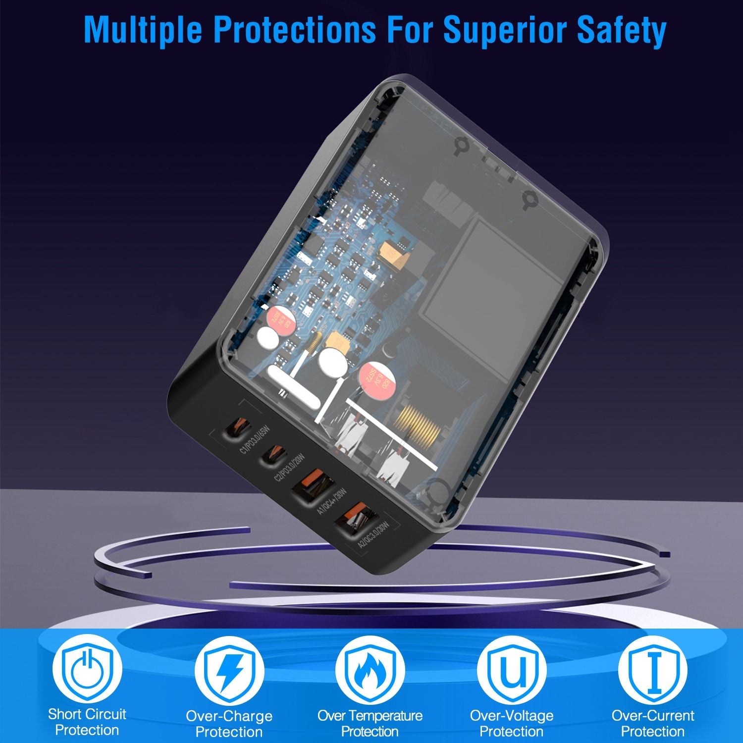 Image of a high-tech device showcasing its internal circuit board and safety features including short circuit, over-charge, over-temperature, over-voltage, and over-current protection icons, emphasizing superior safety for electronic use.