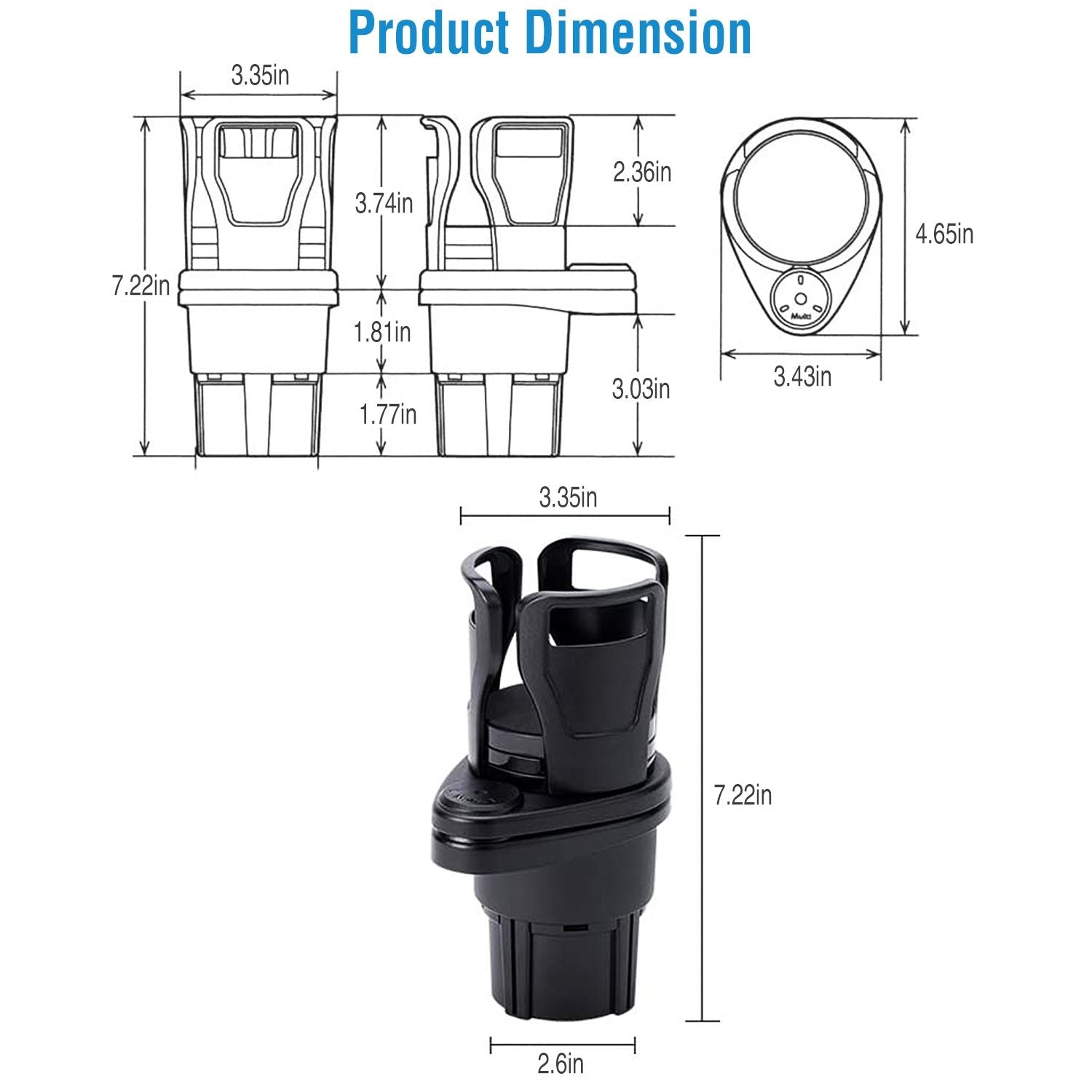Product dimensions illustration for a versatile black cup holder with specific measurements of height, width, and depth for easy installation in vehicles or boats.
