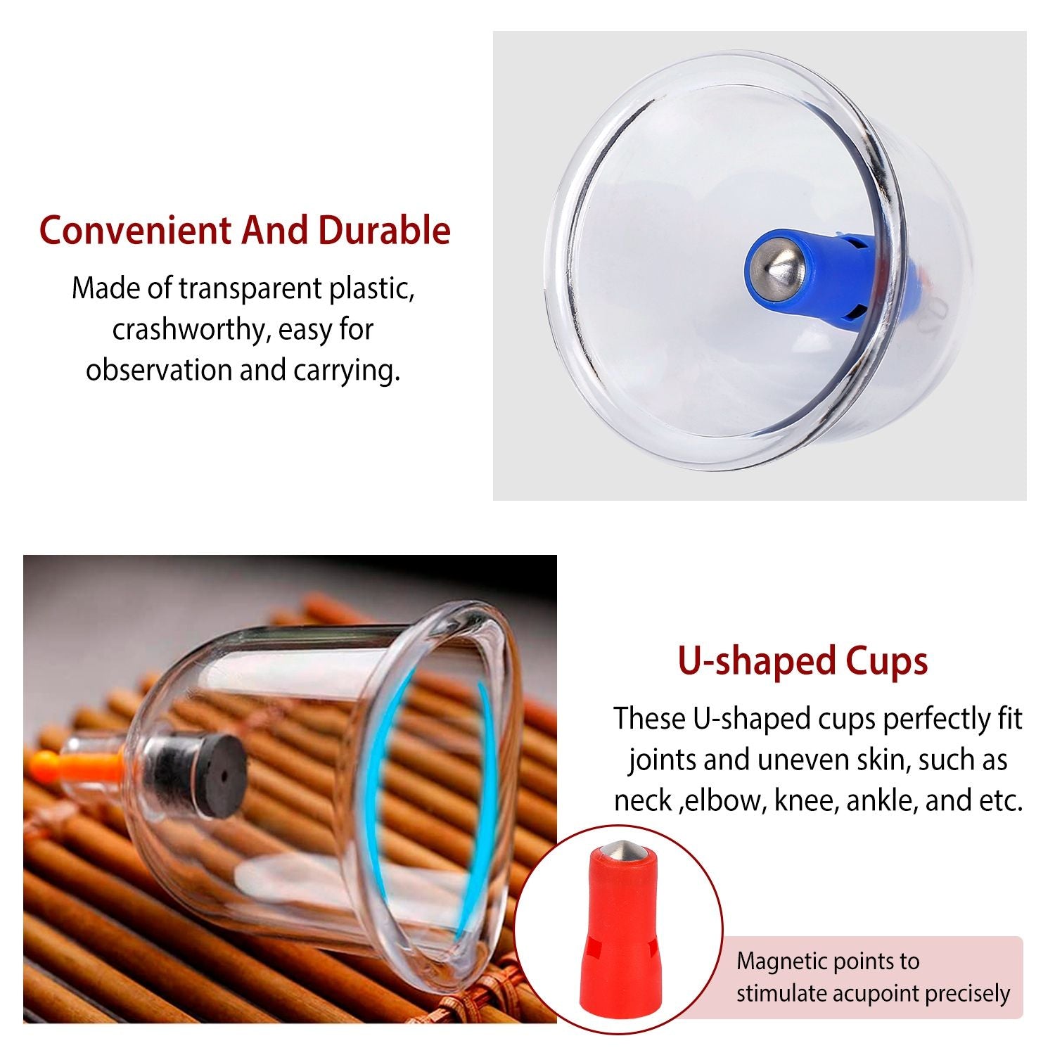 Transparent U-shaped massage cups made of durable plastic, designed for joint therapy and easy observation, suitable for various body areas like neck and knees.
