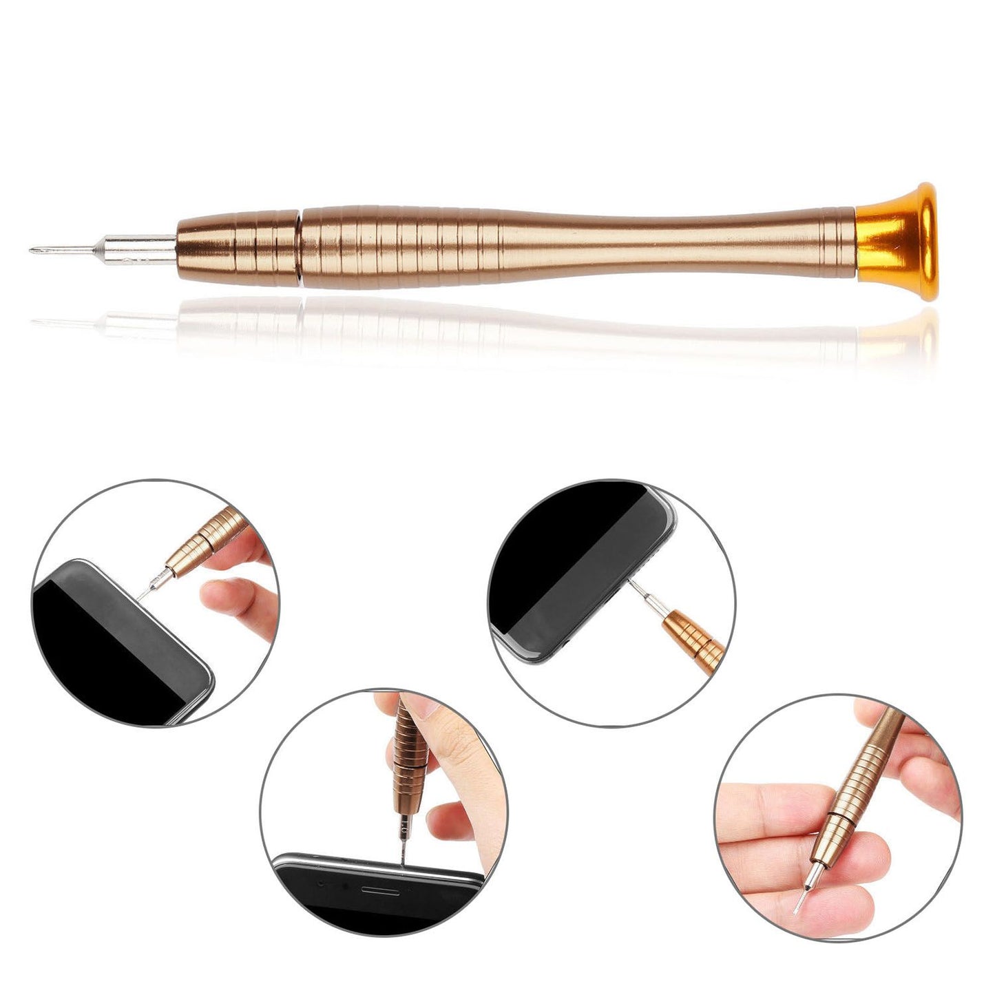 Precision mobile phone repair tool with a stylish bronze design, featuring a close-up of its tip inserting into a smartphone screen.