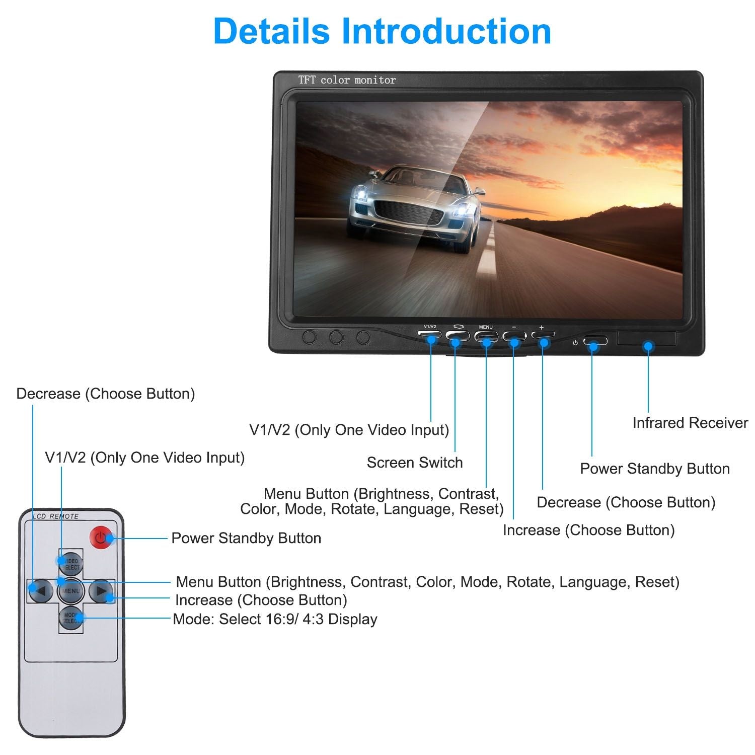TFT color monitor with control buttons for brightness, contrast, and video input options, displayed alongside its remote control, featuring labeled functions and a car image in the background.