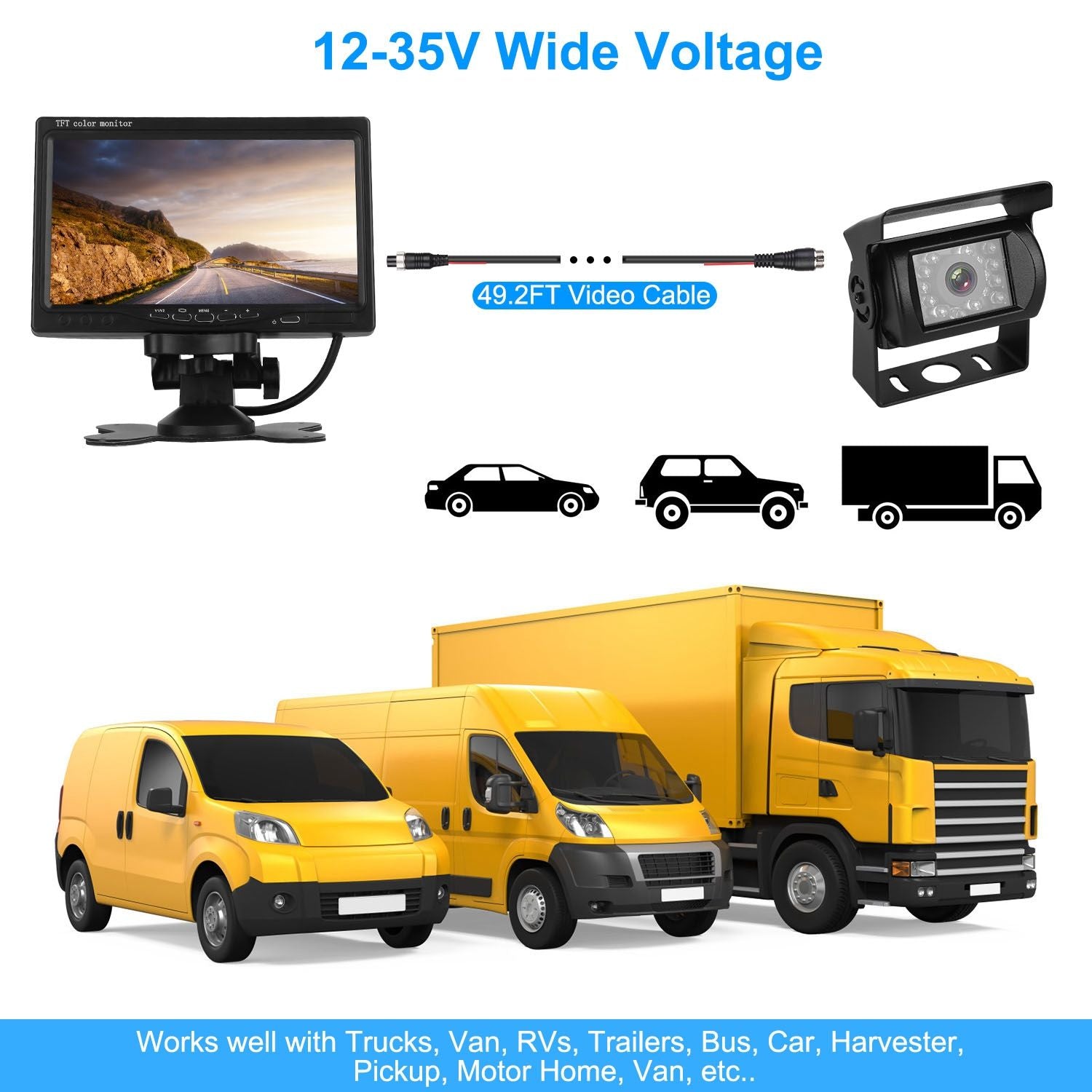 Wide voltage 12-35V vehicle monitoring system with 7-inch display screen, adjustable mount, and 49.2FT video cable compatibility for trucks, vans, RVs, and more.