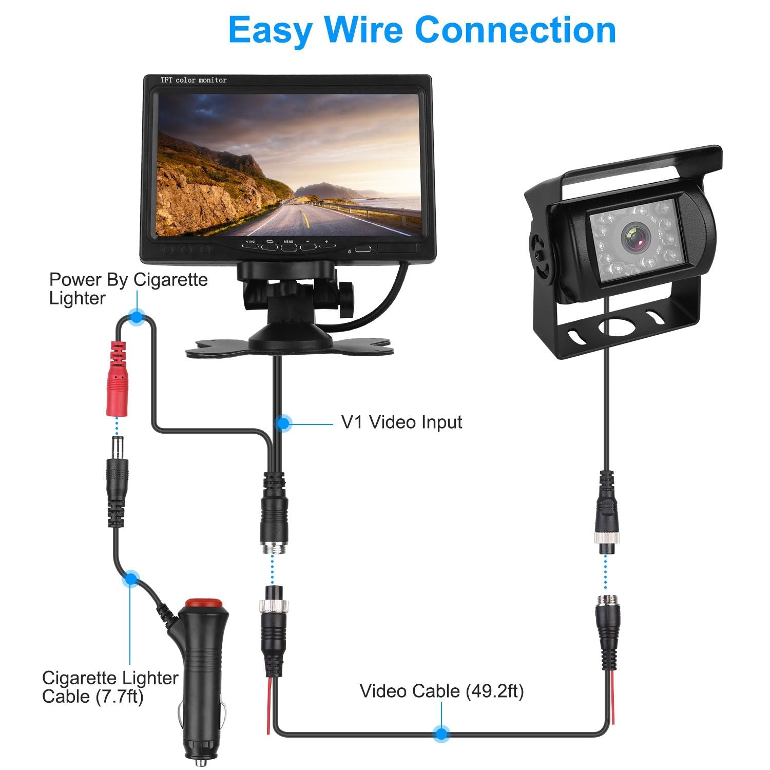 TFT color monitor with easy wiring setup for vehicle installation, featuring connections for power via cigarette lighter and video input for rearview or surveillance cameras.