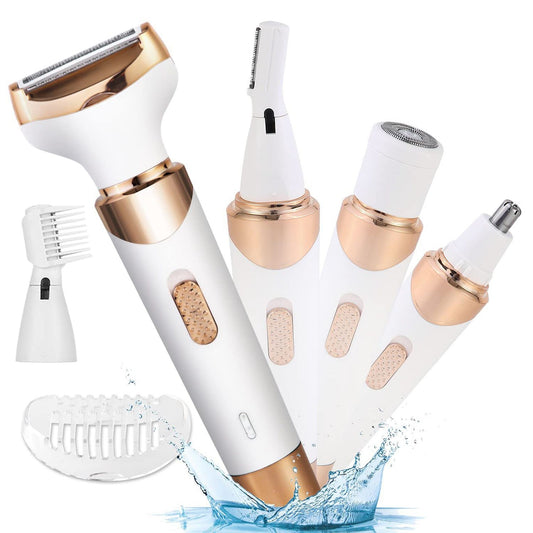 4-in-1 multi-functional electric hair removal device in white and gold with attachments for shaving, trimming, eyebrow shaping, and nose hair removal, surrounded by splashes of water.