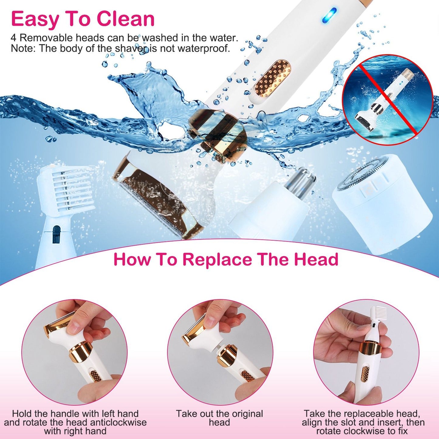 Image showing a waterproof hair removal device with four removable heads being cleaned in water, along with step-by-step instructions for replacing the heads.