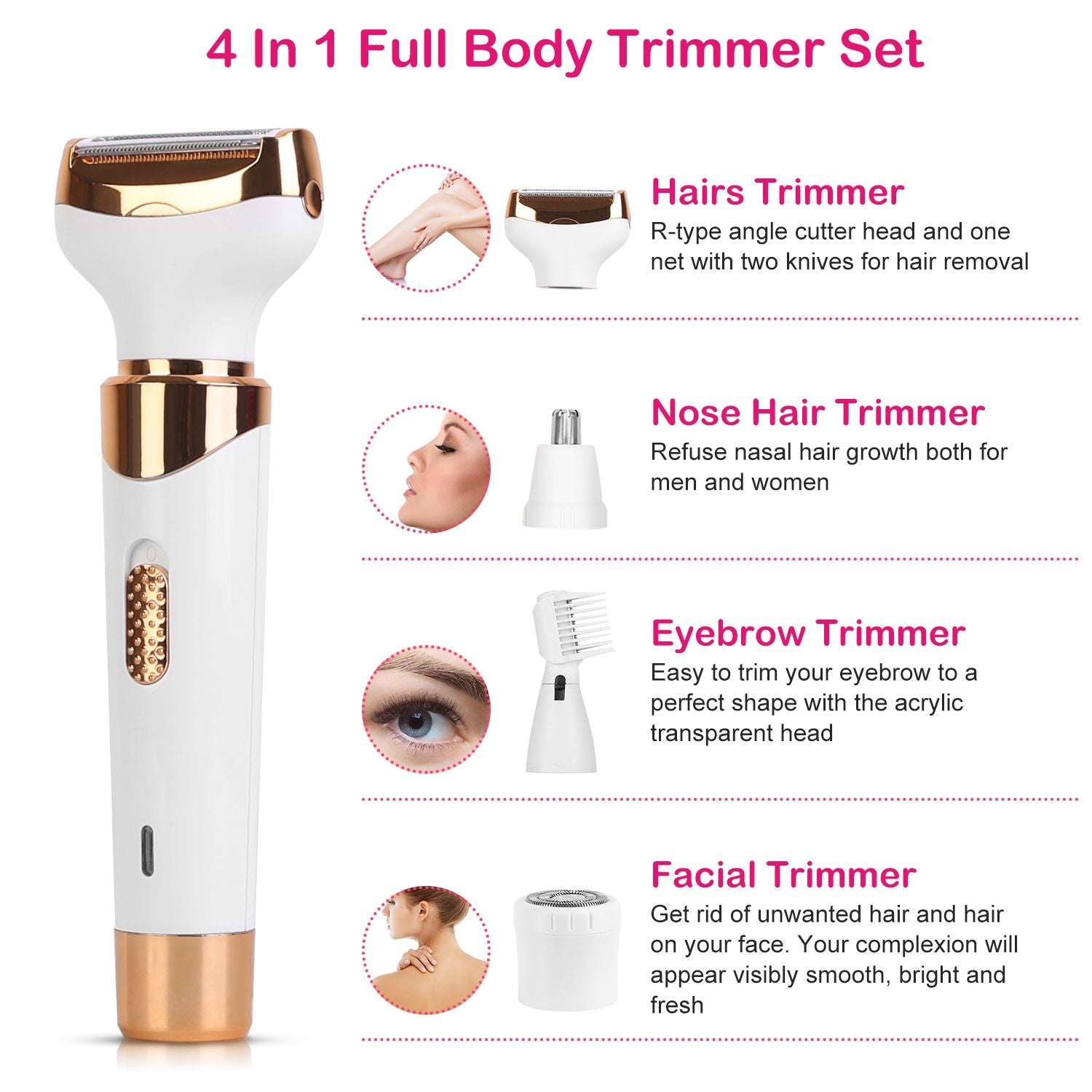 4 in 1 full body trimmer set featuring a hair trimmer, nose hair trimmer, eyebrow trimmer, and facial trimmer for versatile grooming needs, designed with a sleek white and gold finish.
