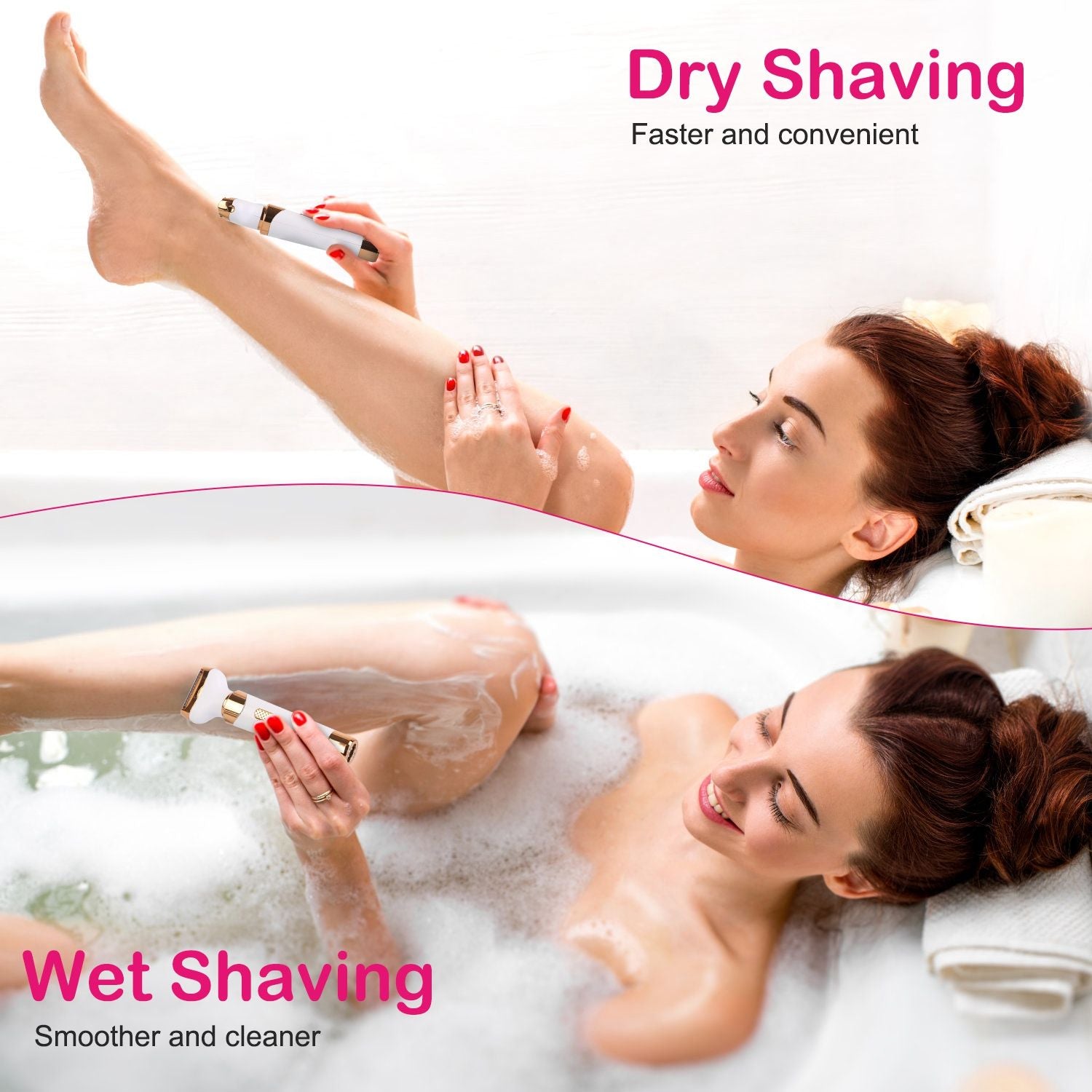 Image of a woman using an epilator for dry shaving on her leg, showcasing convenience and speed, alongside a wet shaving option in a bubble bath for a smoother, cleaner finish.