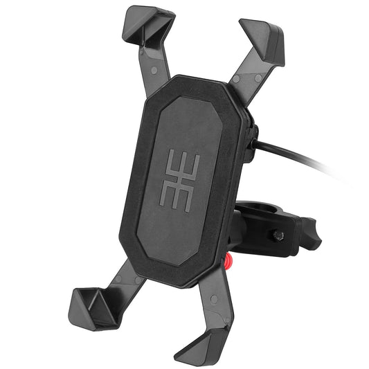 Universal black smartphone holder mount with adjustable grips, designed for secure attachment to bicycles and motorcycles, ideal for hands-free navigation.