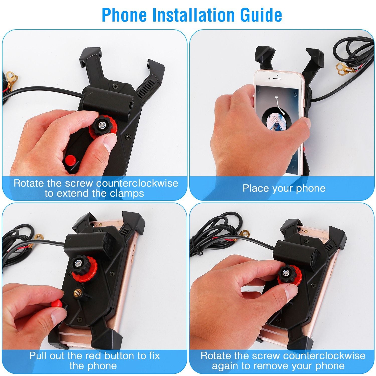 Phone installation guide demonstrating how to securely attach a smartphone using adjustable clamps and a locking mechanism, with step-by-step instructions illustrated.