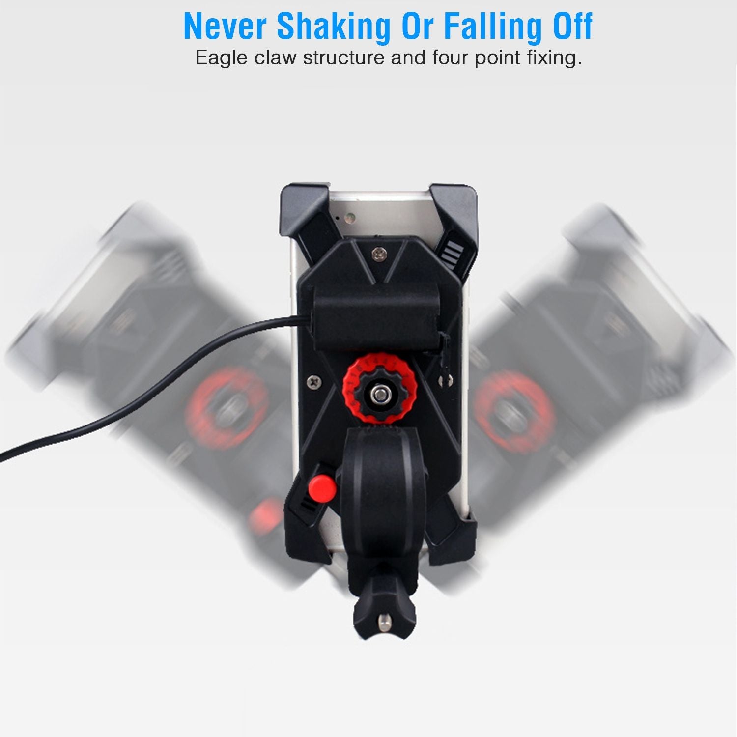 Smartphone holder with eagle claw structure and four-point fixation, designed to prevent shaking and falling off, featuring a red adjustment knob and secure mount.
