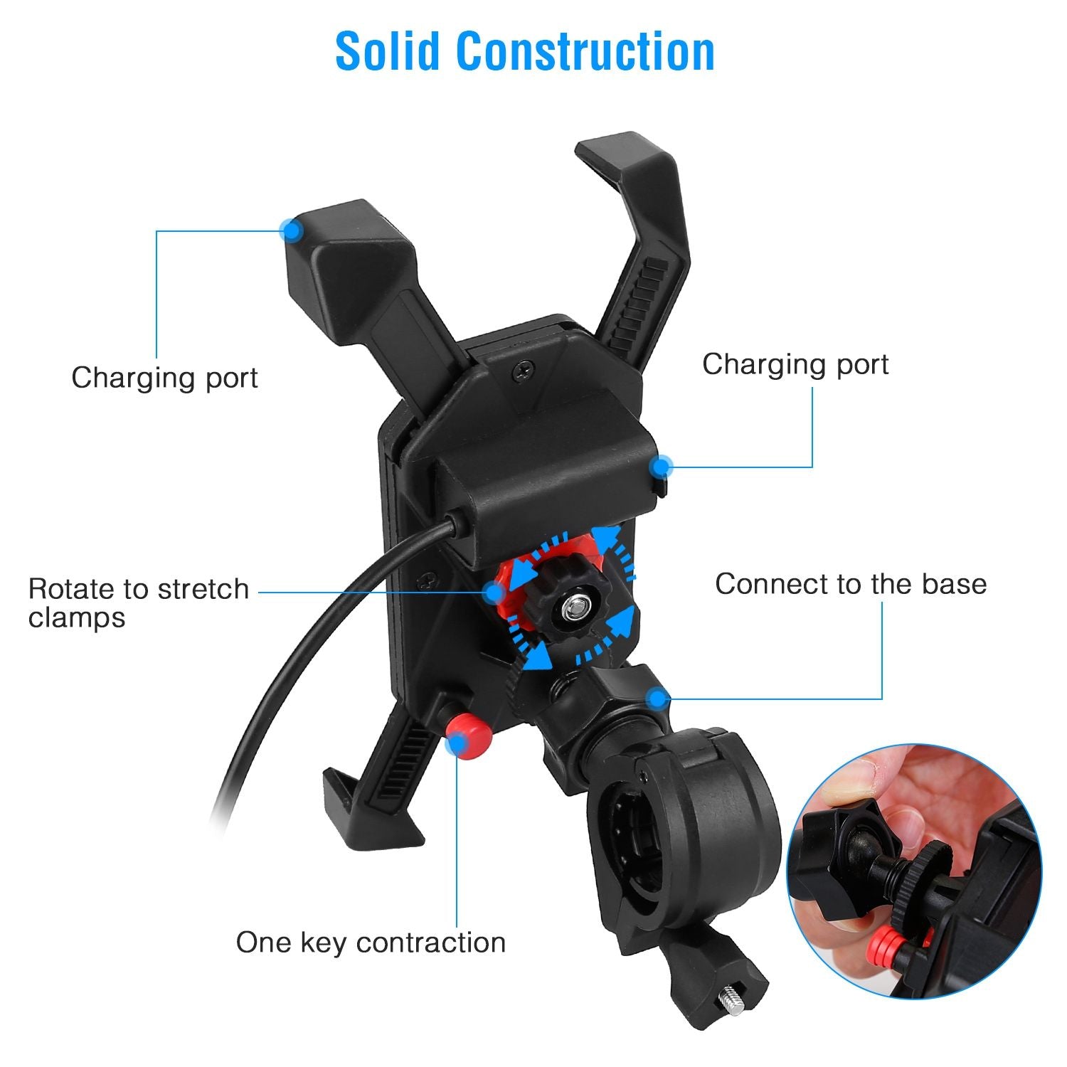 Wireless charging phone mount with solid construction, adjustable clamps, and easy one-key contraction feature for secure attachment to vehicles.